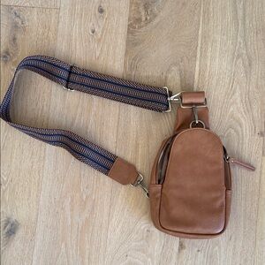 Free People Tan Leather Crossbody Bag with Patterned Strap